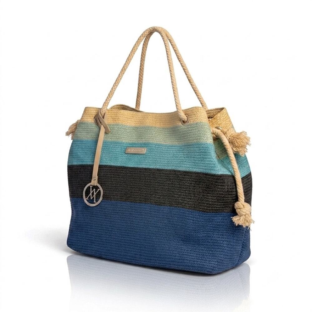 NEW Amiani Beach Tote Bag Striped Blue Gradient Jute Rope Handles Summer Purse
